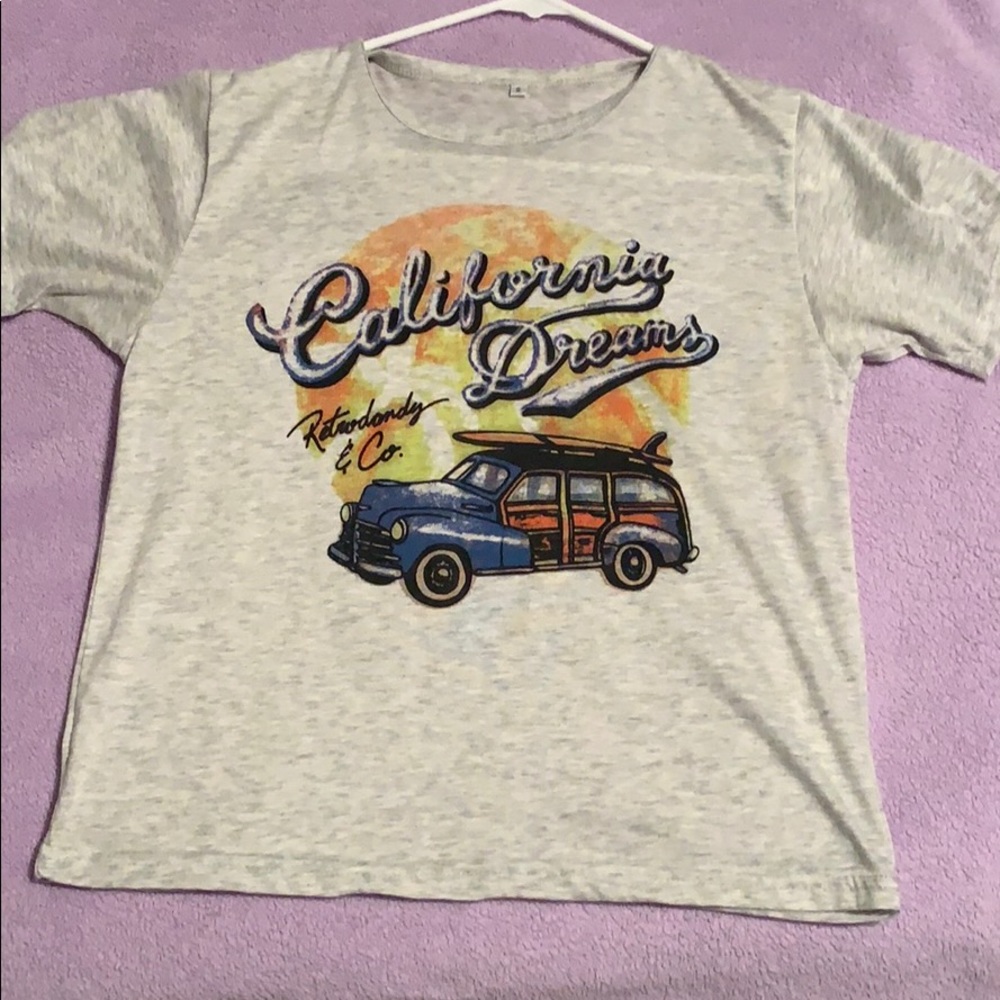 gray t-shirt with text on the front